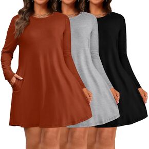 Huukeay 3 Pack Women's Plus Size Dress Long Sleeve Swing Dress Casual with Pockets Round Neck Loose Fit Flowy T Shirt Dress