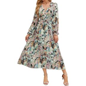 Women 2024 Floral Maxi Dress, Casual Long Sleeve V-Neck Empire Waist Fall Dress, Flowy Boho Wedding Guest Dress