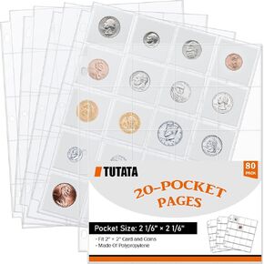 tutata 20-Pocket Coin Sleeves, Coin Pages for 2 x 2 Inch Cardboard Coin Flips, Coin Collecting Supplies, 80 PCS