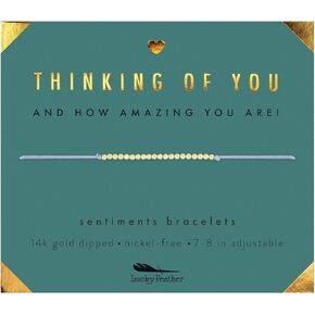 Lucky Feather Thinking of You Gifts for Women - 14k Gold Bead Bracelet with Adjustable Sliding Toggle