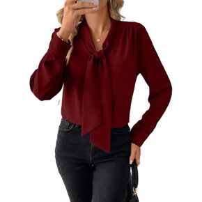 Astylish Women's Bow Tie Neck Long Sleeve Dressy Elegant Office Work Blouse Shirt Tops