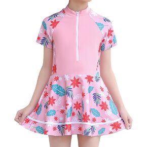 OBEEII Girls One Piece Swimsuit Short Sleeve Swim Dress Swimsuit with Shorts Skirted Modest Bathing Suit 2-12 Years
