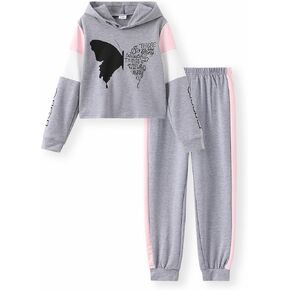 PATPAT Girls Clothes Butterfly Print Long Sleeve Hooded Sweatshirt with Joggers Pants 2 Piece Tracksuit Outfits Set