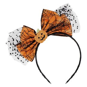Halloween Headbands, Bow Hairband Shining Pumpkin Hair Hoop Black Spiderweb Lace Hair Accessory for Women Halloween Costume Cosplay Masquerade Party Hair Decoration
