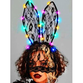 Catery Light Up Lace Bunny Ears Headband Halloween Headbands Black Lace Bunny Mask for Women