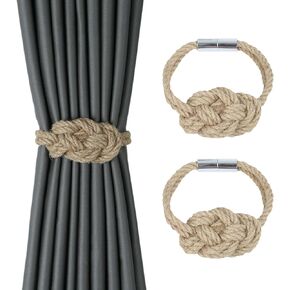 4 Pack Natural Jute Magnetic Curtain Tiebacks, Boho Rustic Style Decorative Curtain Ties Backs for Home & Office Drapery