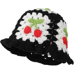 Crochet Bucket Hat for Women Handmade Knitted Cherry Hat Elastic Cute Bucket Hat