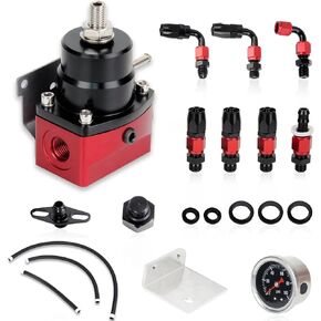 Fuel Pressure Regulator Kit with 0-100psi Gauge, AN6-6AN (EFI Bypass Return) Adjustable Fuel Line Hose Fitting Connectors Kit - Black & Red