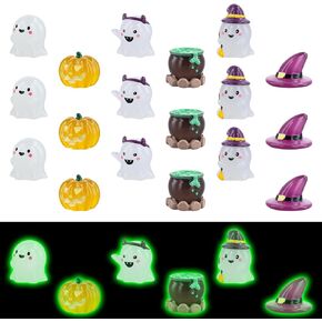 24pcs Mini Resin Ghosts, 6 Styles Mini Glow Ghosts Statue Cute Tiny Resin Garden Decor Magic Hat Green Potion Ghost Pumpkin for Halloween Miniature Landscape Dollhouse Decoration