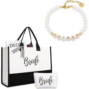 Lamyba Bachelorette Gifts for Bride, Bride to be Gifts for Bridal shower Panty Wedding day. Bride Tote Bag with Makeup Bag and Shell Pearl Beaded Bracelet