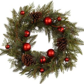 22-Inch Handcrafted Artificial Christmas Wreath with Pinecones, Rust Bell, and Lifelike Pine Branches Winter Holiday Wreath for Front Door and Home Décor, Indoor/Outdoor Seasonal Décor