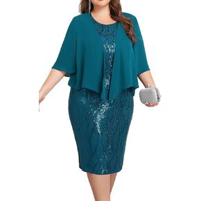 Hanna Nikole Womens Plus Size Sequin Party Dress 2 Piece Cocktail Formal Dress with Jacket Mother of The Bride Dress Sets
