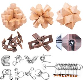Wooden Brain Teaser Puzzles - Metal Unlock Interlock Game, IQ Logic Test Puzzles Game, 3D Puzzle Toy Brain Teaser for Kids and Adults, Mind Educational Toy Travel Games [15pcs of Pack ]