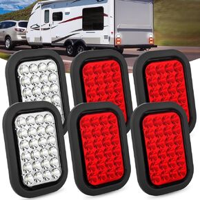 Nilight 5" X 3" Rectangular Trailer Tail Light 4 PCS White Red 24LED Brake Turn Signal Reverse Lights w/Flush Mount Grommets Plugs IP67 Waterproof for 12V Truck ATV UTV Trailer Bus RV Camper
