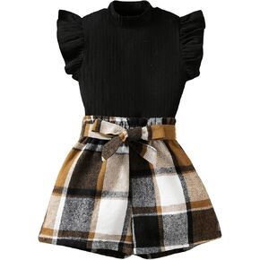 SOLY HUX Girl's Cute Clothes Ruffle Trim Sleeveless T-shirt and Plaid Print Shorts Spring Fall 2 Piece Outfits