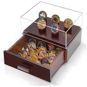 Challenge Coin Display Case, Military Coin Collection Holder with Wooden Coin Box, Drawers, and Clear Acrylic Lid – Gifts for Coins Collectors (6 Pillars)