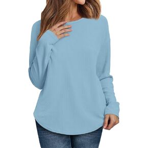 قمصان نسائية بأكمام طويلة من WIHOLL قمصان مضلعة محبوكة بياقة دائرية للخريف بحاشية منحنية قمصان تونيك موضة 2024 in Kuwait