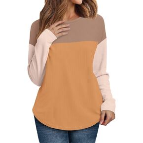 WIHOLL Womens Long Sleeve Tops Crewneck Knitted Ribbed Shirts Fall Curved Hem Tunic Tops 2024 Fashion Clothes