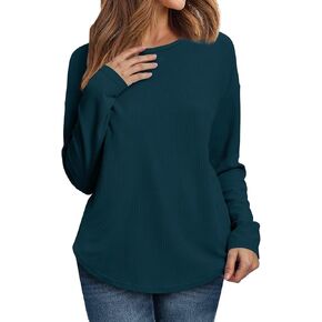 WIHOLL Womens Long Sleeve Tops Crewneck Knitted Ribbed Shirts Fall Curved Hem Tunic Tops 2024 Fashion Clothes