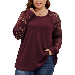 SCOMCHIC Plus Size Tops for Women Elegant Lace Long Sleeve Blouses Crew Neck Dressy Shirts Loose Casual Tunics Tops XL-4XL