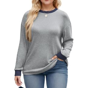 DOLNINE Womens-Plus-Size-Sweatshirts Color Block Long Sleeve Tops Fall Casual Crewneck Shirts Trendy Loose Fit Tunics XL-5XL