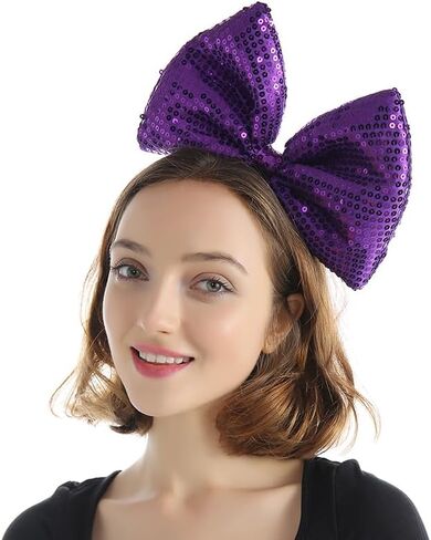 Bubbmi Women Large Bow Headband, Halloween Oversized Bow Hairband Birthday Party Festival Party Costume Girls Hair Accessories (sequin purple) in Kuwait