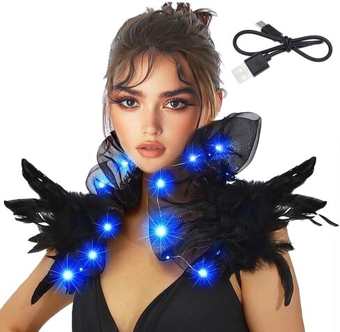 شال نسائي من Aukmla مزود بريش مضيء وياقة قوطية سوداء وياقة على شكل قوطي لزي الهالوين على الكتف in Kuwait