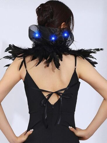 شال نسائي من Aukmla مزود بريش مضيء وياقة قوطية سوداء وياقة على شكل قوطي لزي الهالوين على الكتف in Kuwait