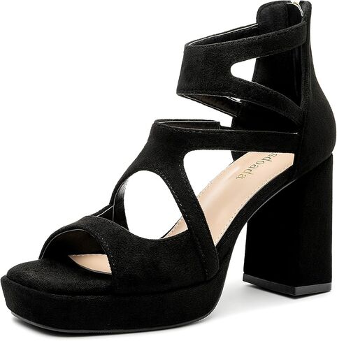 risdoada Platform Heels 3.54 Inches Chunky Block Heeled Sandals for Women Comfortable Suede Open Toe Hollow Out High Heels Pumps in Saudi Arabia