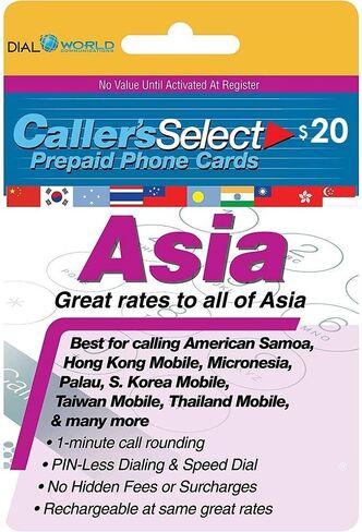 ما يصل إلى 1950 دقيقة مقابل 20 دولارًا أمريكيًا من بطاقة الاتصال الهاتفية Select Asia للمتصل إلى الهند وكوريا الجنوبية وتايلاند والصين وتايوان وباكستان وهونج كونج وإندونيسيا وسنغافورة ولاوس وماليزيا وفيتنام والمزيد. in Saudi Arabia