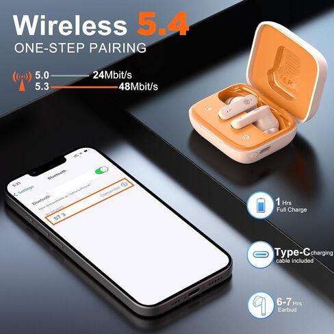 THREE PEACHES Wireless Earbuds Bluetooth 5.4 Headphones, Touch Screen, Active Noise Cancelling, USB Charging Case for iPhone/Android in Saudi Arabia
