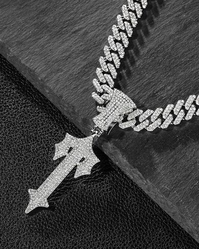 LuxeFlex Hip Hop Cross Sword Necklaces with 12MM 20" Miami Cuban Link Chain, Iced Out Diamond Initial T Pendant Necklace, Alphabet Letter Pendant Choker, Trendy Rapper Jewelry for Men Women in Saudi Arabia