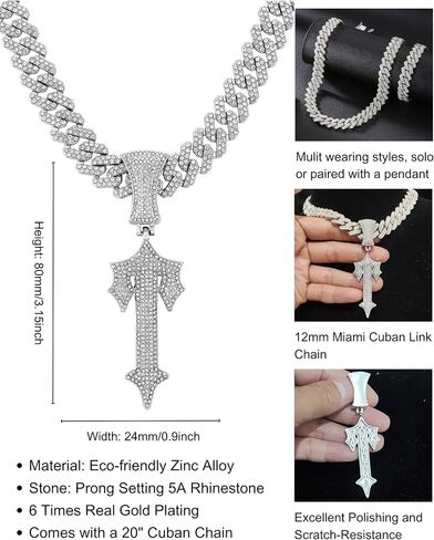 LuxeFlex Hip Hop Cross Sword Necklaces with 12MM 20" Miami Cuban Link Chain, Iced Out Diamond Initial T Pendant Necklace, Alphabet Letter Pendant Choker, Trendy Rapper Jewelry for Men Women in Saudi Arabia