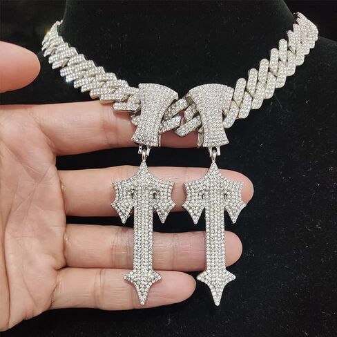 LuxeFlex Hip Hop Cross Sword Necklaces with 12MM 20" Miami Cuban Link Chain, Iced Out Diamond Initial T Pendant Necklace, Alphabet Letter Pendant Choker, Trendy Rapper Jewelry for Men Women in Saudi Arabia