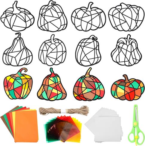 Wonderjune 104 Pcs Fall Pumpkin Suncatcher Kit Halloween Paper Craft DIY Autumn Window Paint Art Cellophane Colored Paper Clear Sticker Color Paper Squares Safety Scissor Hemp Rope in Saudi Arabia