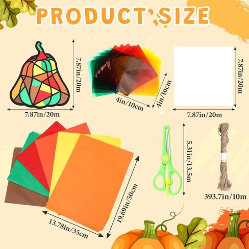 Wonderjune 104 Pcs Fall Pumpkin Suncatcher Kit Halloween Paper Craft DIY Autumn Window Paint Art Cellophane Colored Paper Clear Sticker Color Paper Squares Safety Scissor Hemp Rope in Saudi Arabia