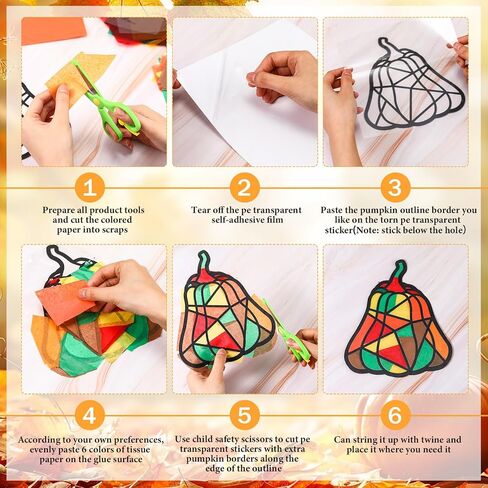 Wonderjune 104 Pcs Fall Pumpkin Suncatcher Kit Halloween Paper Craft DIY Autumn Window Paint Art Cellophane Colored Paper Clear Sticker Color Paper Squares Safety Scissor Hemp Rope in Saudi Arabia