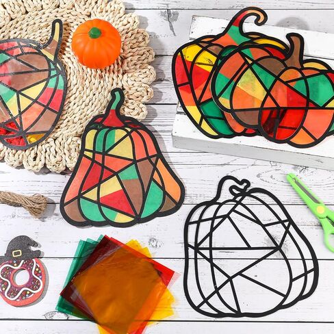 Wonderjune 104 Pcs Fall Pumpkin Suncatcher Kit Halloween Paper Craft DIY Autumn Window Paint Art Cellophane Colored Paper Clear Sticker Color Paper Squares Safety Scissor Hemp Rope in Saudi Arabia
