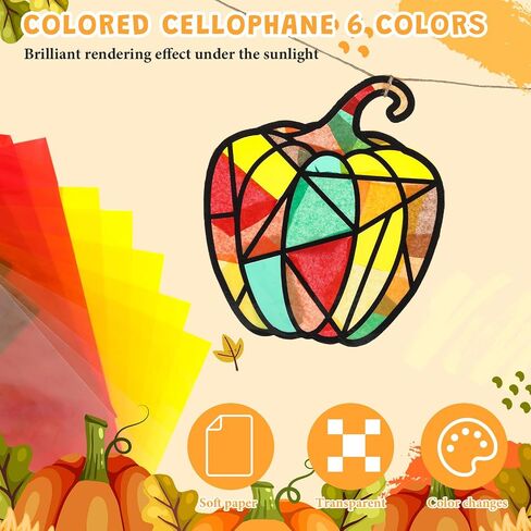 Wonderjune 104 Pcs Fall Pumpkin Suncatcher Kit Halloween Paper Craft DIY Autumn Window Paint Art Cellophane Colored Paper Clear Sticker Color Paper Squares Safety Scissor Hemp Rope in Saudi Arabia