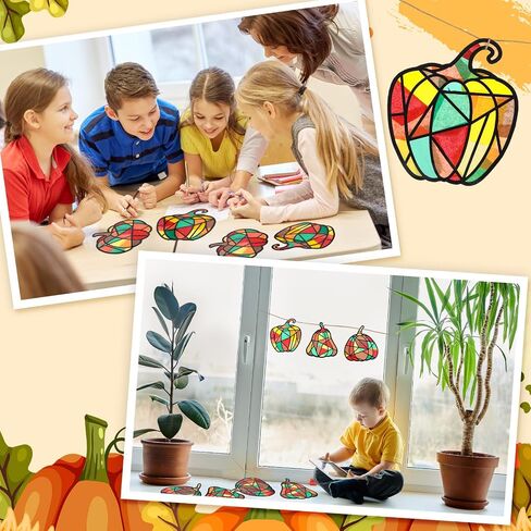 Wonderjune 104 Pcs Fall Pumpkin Suncatcher Kit Halloween Paper Craft DIY Autumn Window Paint Art Cellophane Colored Paper Clear Sticker Color Paper Squares Safety Scissor Hemp Rope in Saudi Arabia