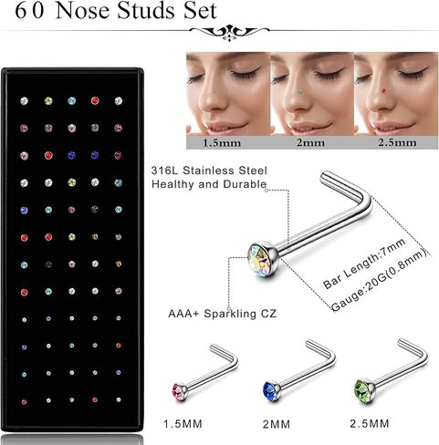ORAZIO 100 PCS Nose Rings For Women Men Nose Hoops L Shaped Screw Bone Nose Studs Ring Stainless Steel Nose Piercing Jewelry 1.5mm 2mm 2.5mm in Saudi Arabia
