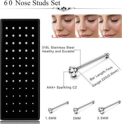 ORAZIO 100 قطعة من حلقات الأنف للنساء والرجال، حلقات الأنف على شكل حرف L، مسامير الأنف على شكل عظمة من الفولاذ المقاوم للصدأ، مجوهرات ثقب الأنف 1.5 مم، 2 مم، 2.5 مم in Kuwait