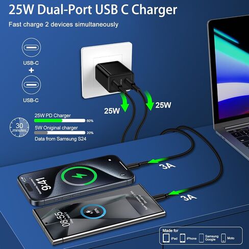 كتلة شاحن USB C بقدرة 25 وات شحن سريع للغاية لأجهزة iPhone 16 Pro Max، 16 Plus، 16 Pro، 16،15 Pro Max 14 13 12 SE، Google Pixel 9 Pro XL 9 8، منفذ مزدوج من النوع C Android شاحن الهاتف محول طاقة قابس الحائط in Kuwait