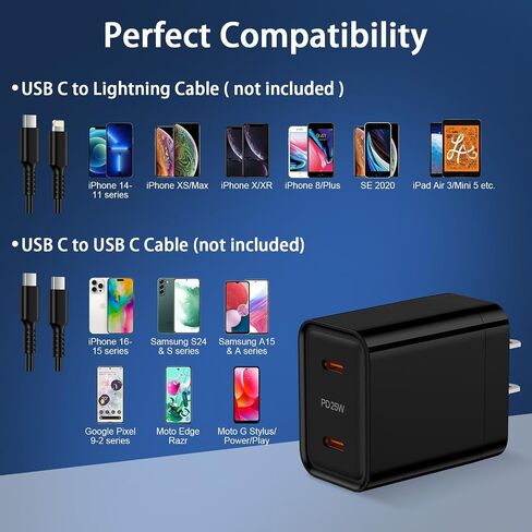 كتلة شاحن USB C بقدرة 25 وات شحن سريع للغاية لأجهزة iPhone 16 Pro Max، 16 Plus، 16 Pro، 16،15 Pro Max 14 13 12 SE، Google Pixel 9 Pro XL 9 8، منفذ مزدوج من النوع C Android شاحن الهاتف محول طاقة قابس الحائط in Kuwait