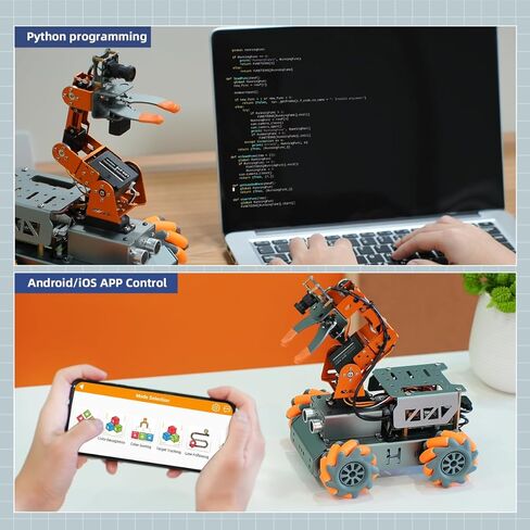ذراع آلي لـ Raspberry Pi 5/4B AI Vision مفتوح المصدر Mecanum Wheel Chase Robot Car Kit 5 DOF/Axis ذراع روبوت ذكي DIY، MatserPi مع Raspberry Pi 5 8GB in Kuwait