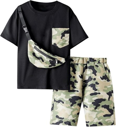 Boy's 3 Piece Outfit Camo Print Short Sleeve T Shirt and Track Shorts with Crossbody Bag in Saudi Arabia