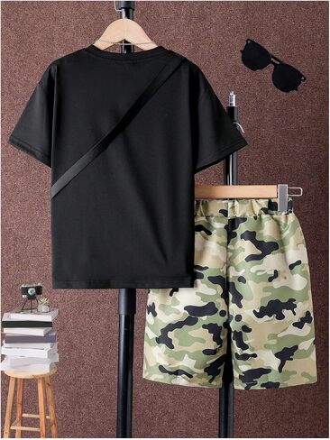 Boy's 3 Piece Outfit Camo Print Short Sleeve T Shirt and Track Shorts with Crossbody Bag in Saudi Arabia