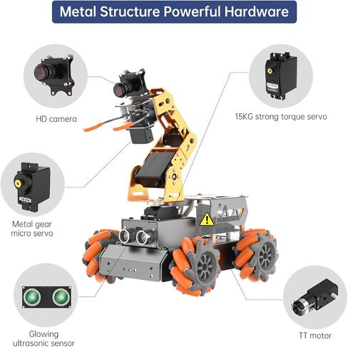 ذراع آلي لـ Raspberry Pi 5/4B AI Vision مفتوح المصدر Mecanum Wheel Chase Robot Car Kit 5 DOF/Axis ذراع روبوت ذكي DIY، MatserPi مع Raspberry Pi 5 8GB in Kuwait
