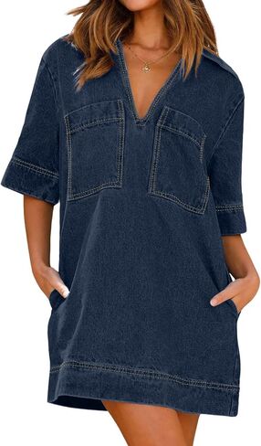 CHARTOU Women Loose Denim Dress Short Sleeve Casual Summer Dress Turn Down Pullover Vintage Tunic Jean Dress in Saudi Arabia