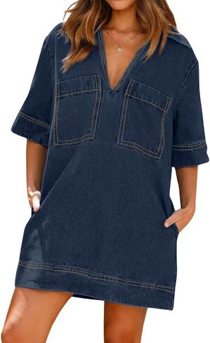CHARTOU Women Loose Denim Dress Short Sleeve Casual Summer Dress Turn Down Pullover Vintage Tunic Jean Dress in Saudi Arabia